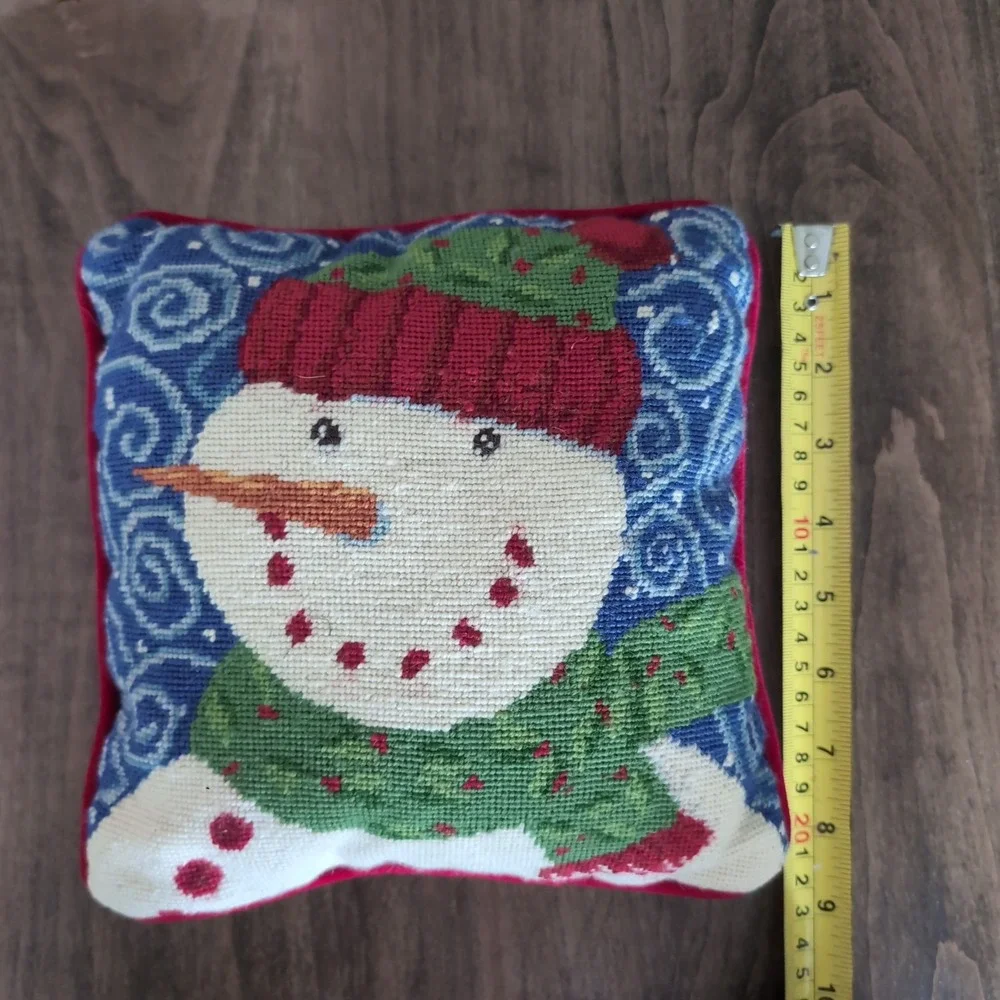 Vintage Needlepoint Snowman Decorative Throw Pillow 8x8 Blue Red Velvet Back